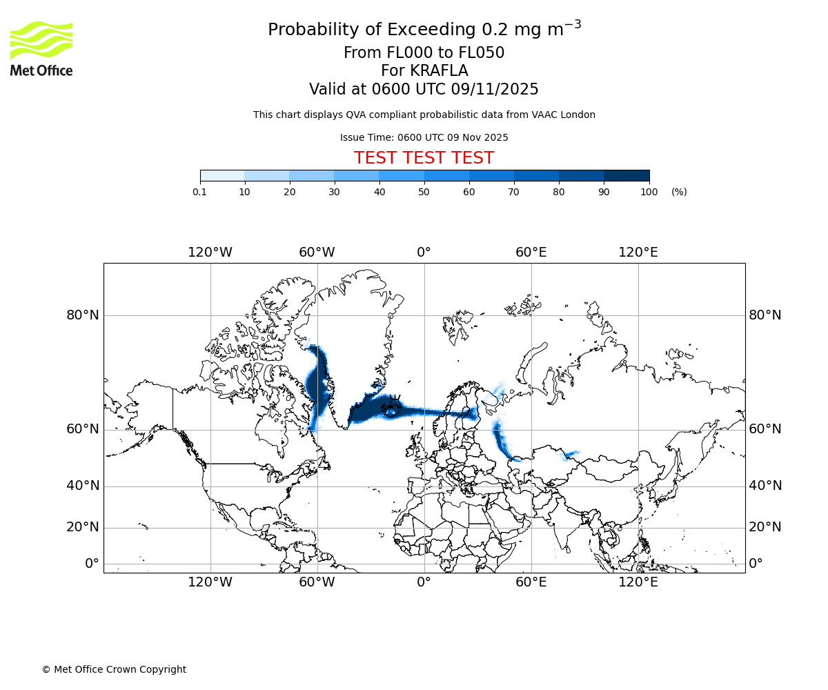 Probability of exceeding 0.2 milligrams per metre cubed. From 000 to 050 for KRAFLA. Valid at 0600 UTC 09/11/2025