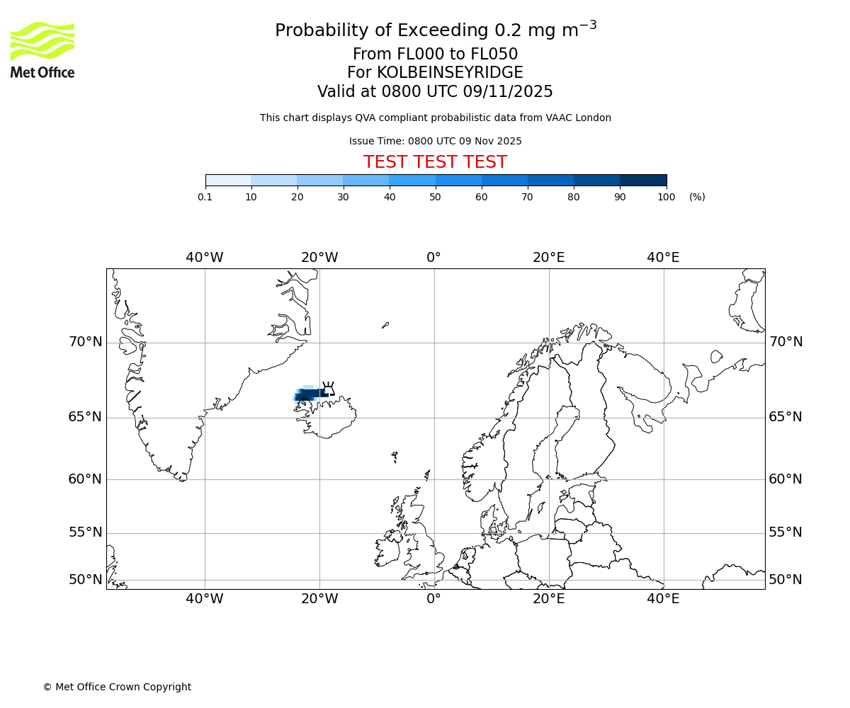 Probability of exceeding 0.2 milligrams per metre cubed. From 000 to 050 for KOLBEINSEYRIDGE. Valid at 0800 UTC 09/11/2025