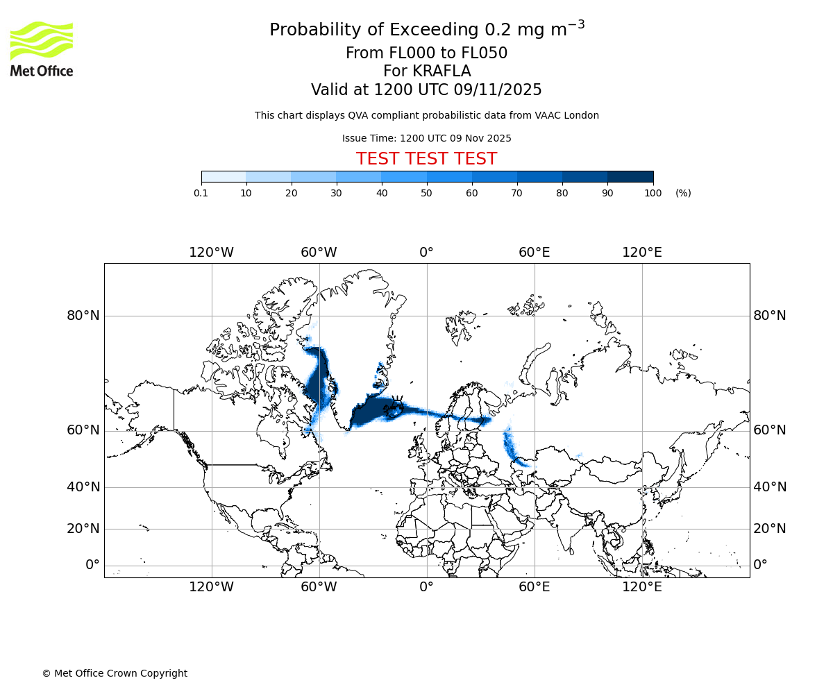 Probability of exceeding 0.2 milligrams per metre cubed. From 000 to 050 for KRAFLA. Valid at 1200 UTC 09/11/2025