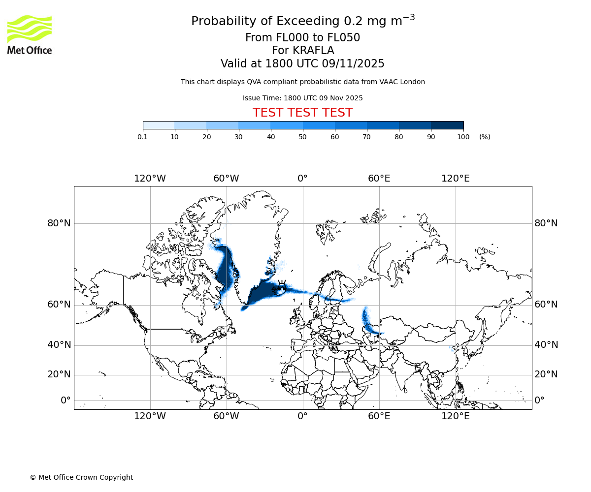 Probability of exceeding 0.2 milligrams per metre cubed. From 000 to 050 for KRAFLA. Valid at 1800 UTC 09/11/2025