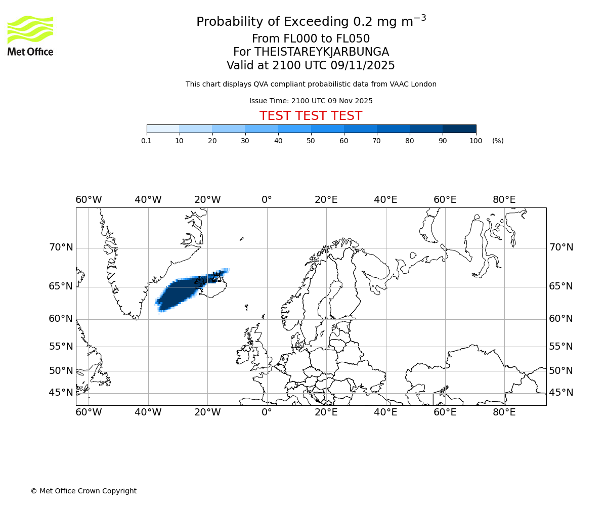 Probability of exceeding 0.2 milligrams per metre cubed. From 000 to 050 for THEISTAREYKJARBUNGA. Valid at 2100 UTC 09/11/2025