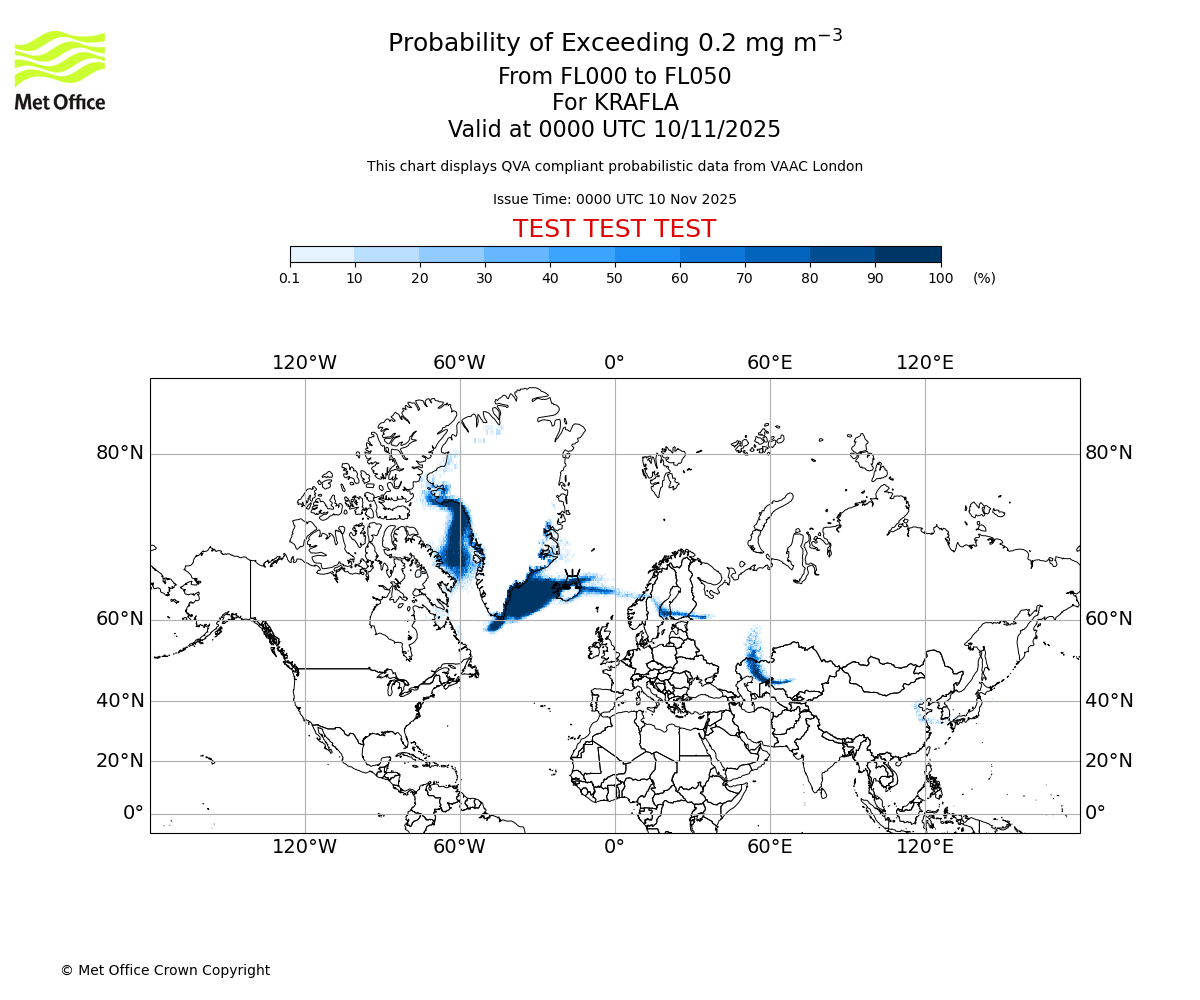 Probability of exceeding 0.2 milligrams per metre cubed. From 000 to 050 for KRAFLA. Valid at 0000 UTC 10/11/2025