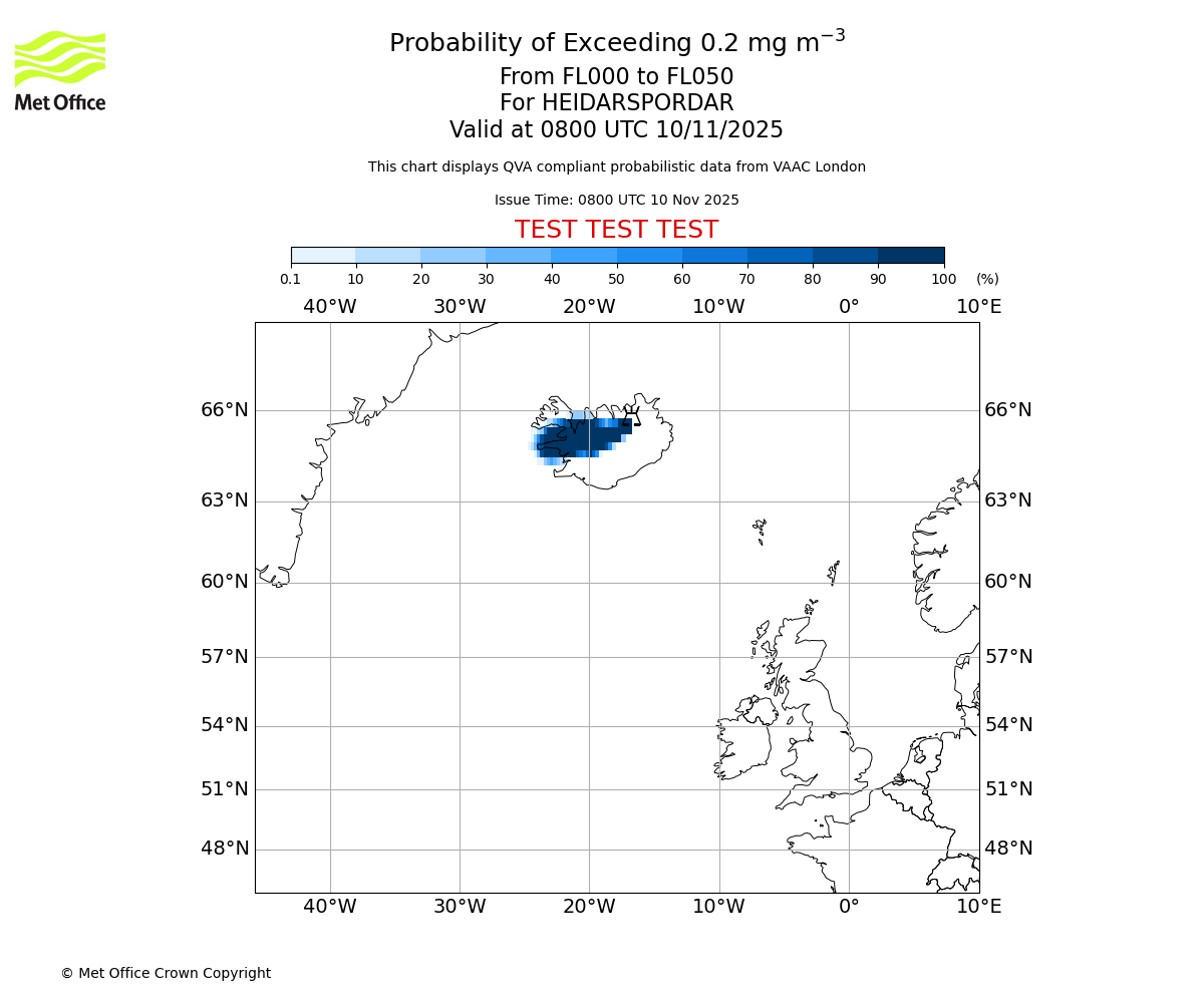 Probability of exceeding 0.2 milligrams per metre cubed. From 000 to 050 for HEIDARSPORDAR. Valid at 0800 UTC 10/11/2025