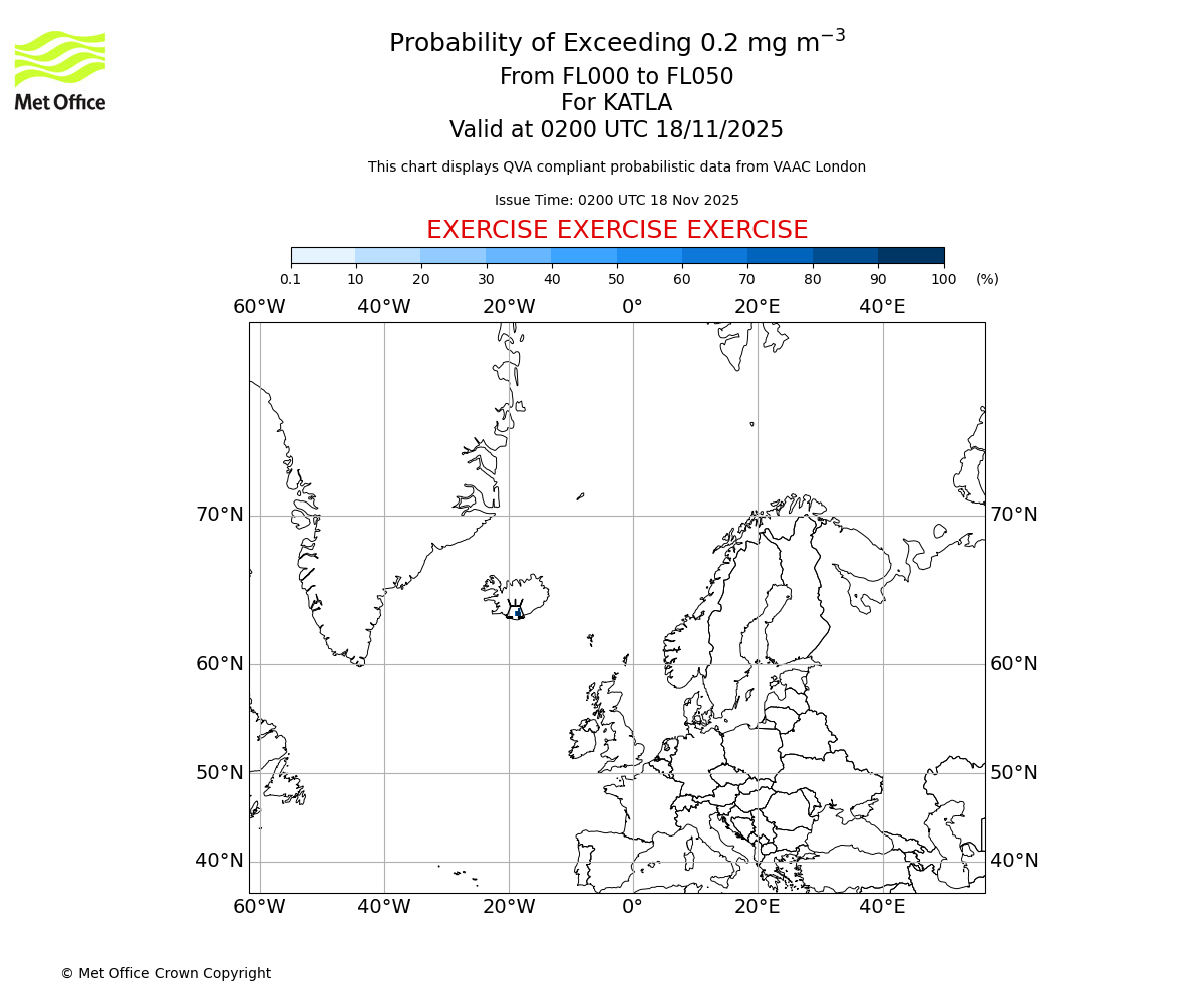 Probability of exceeding 0.2 milligrams per metre cubed. From 000 to 050 for KATLA. Valid at 0200 UTC 18/11/2025