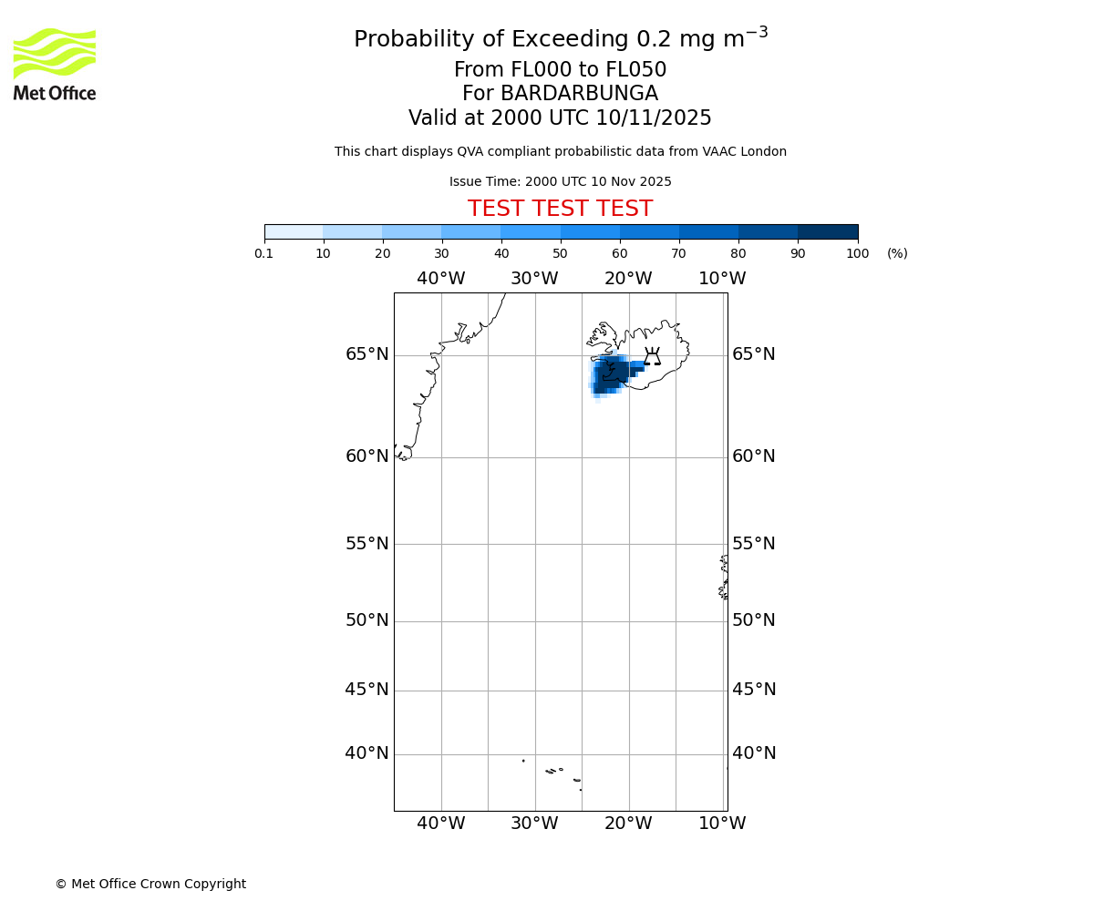 Probability of exceeding 0.2 milligrams per metre cubed. From 000 to 050 for BARDARBUNGA. Valid at 2000 UTC 10/11/2025