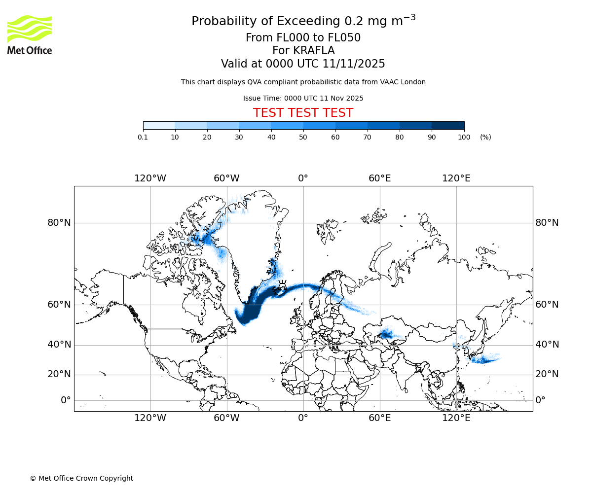 Probability of exceeding 0.2 milligrams per metre cubed. From 000 to 050 for KRAFLA. Valid at 0000 UTC 11/11/2025
