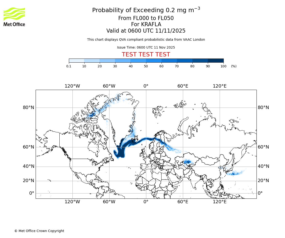 Probability of exceeding 0.2 milligrams per metre cubed. From 000 to 050 for KRAFLA. Valid at 0600 UTC 11/11/2025