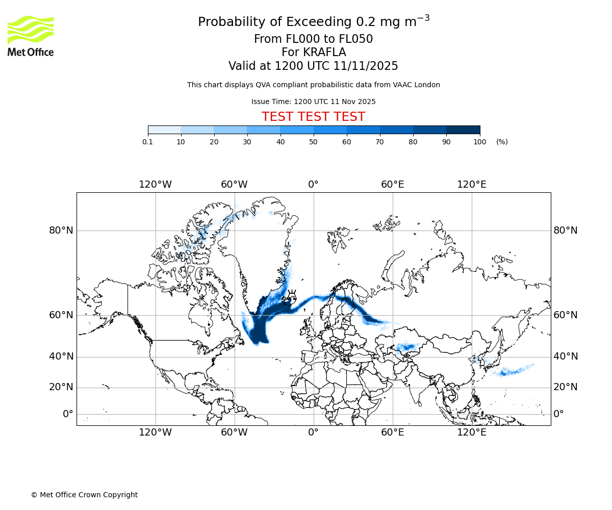 Probability of exceeding 0.2 milligrams per metre cubed. From 000 to 050 for KRAFLA. Valid at 1200 UTC 11/11/2025