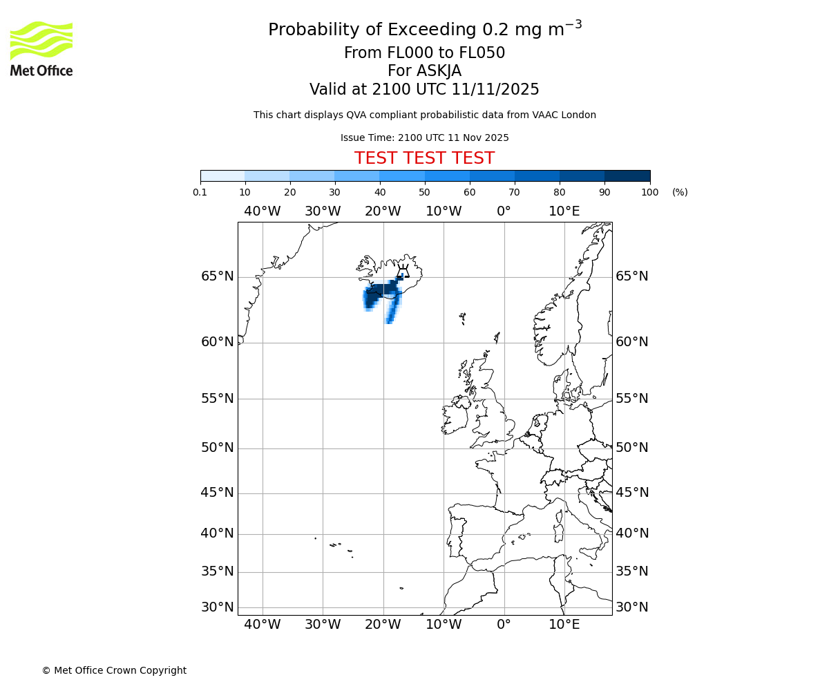 Probability of exceeding 0.2 milligrams per metre cubed. From 000 to 050 for ASKJA. Valid at 2100 UTC 11/11/2025