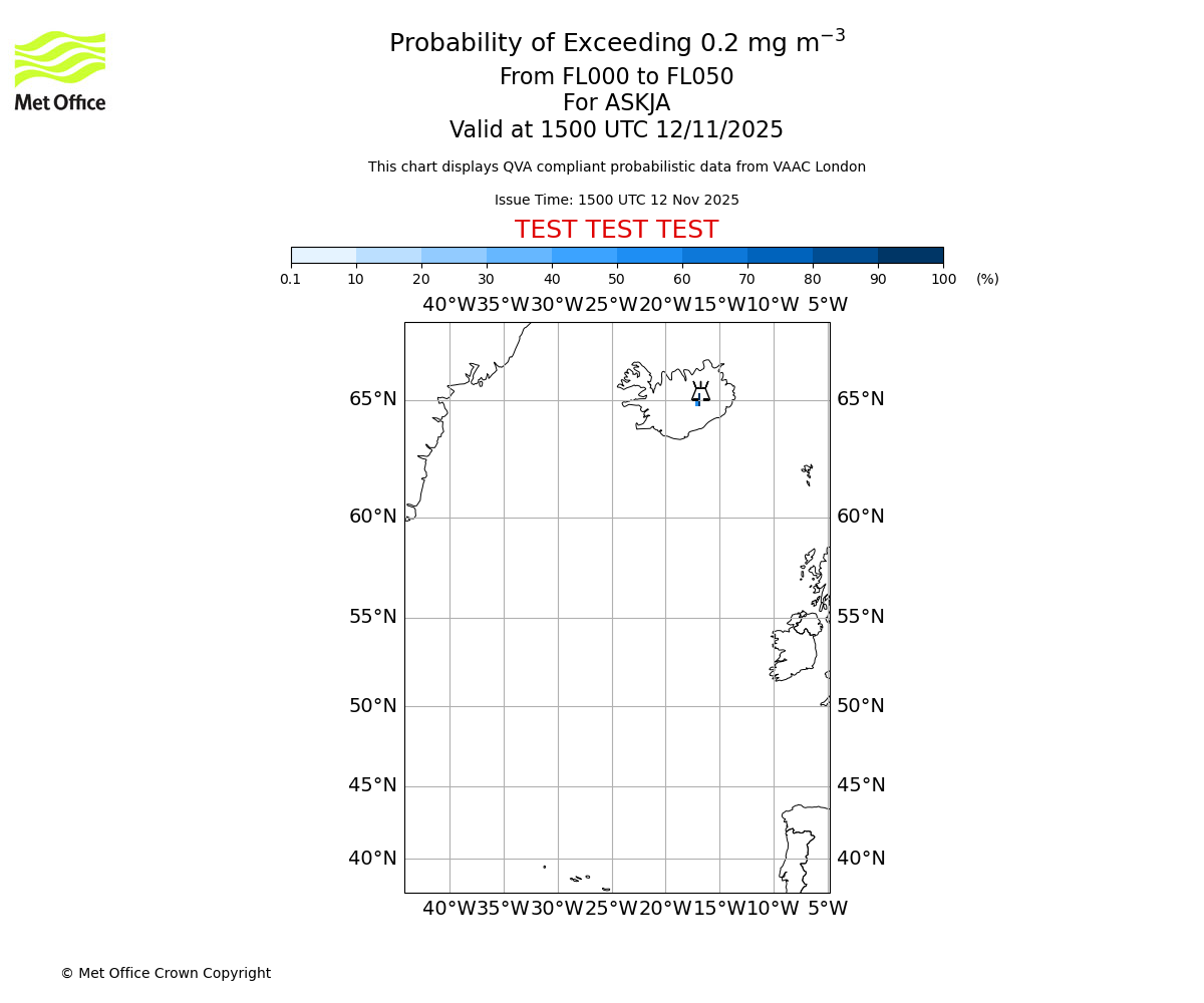 Probability of exceeding 0.2 milligrams per metre cubed. From 000 to 050 for ASKJA. Valid at 1500 UTC 12/11/2025