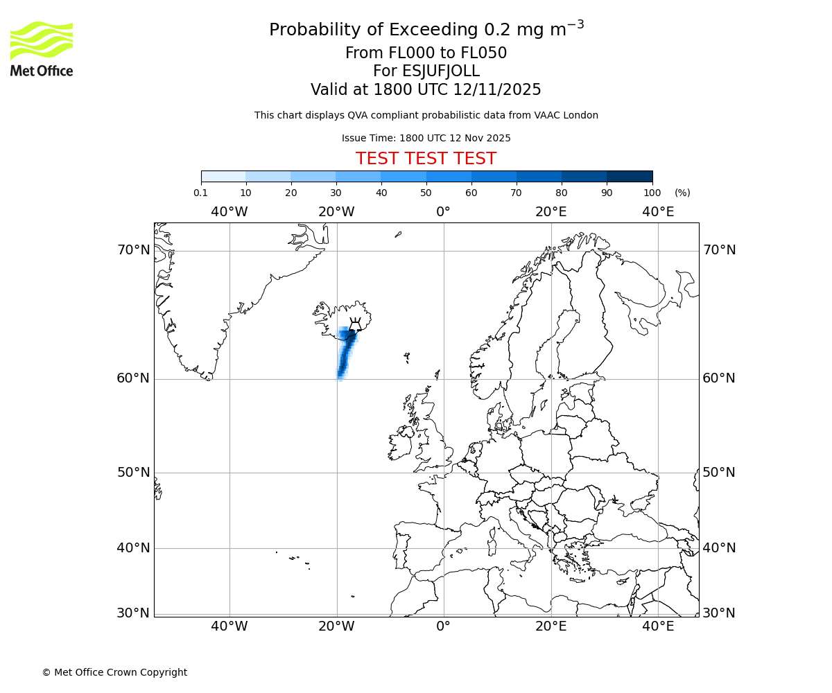 Probability of exceeding 0.2 milligrams per metre cubed. From 000 to 050 for ESJUFJOLL. Valid at 1800 UTC 12/11/2025