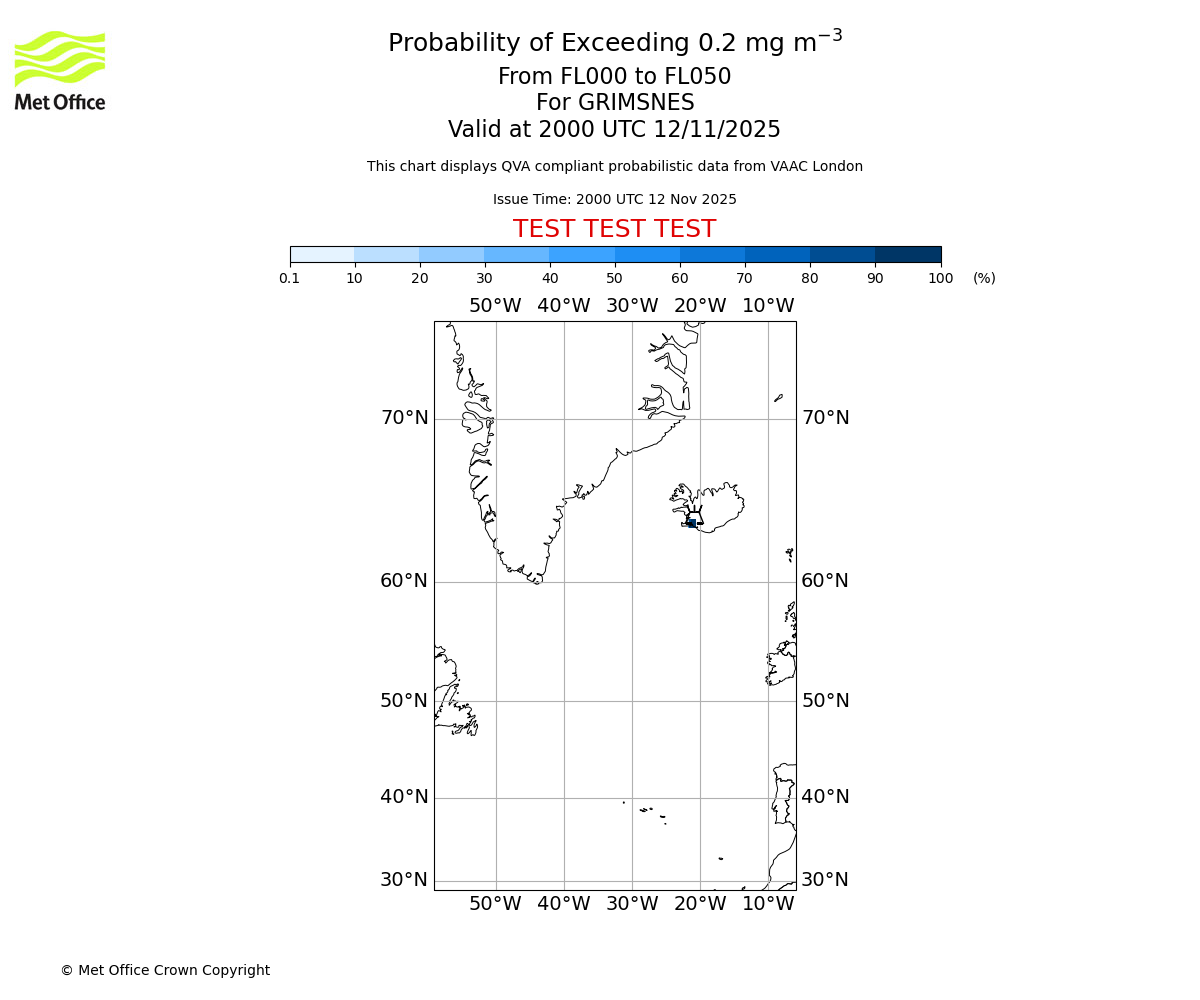 Probability of exceeding 0.2 milligrams per metre cubed. From 000 to 050 for GRIMSNES. Valid at 2000 UTC 12/11/2025