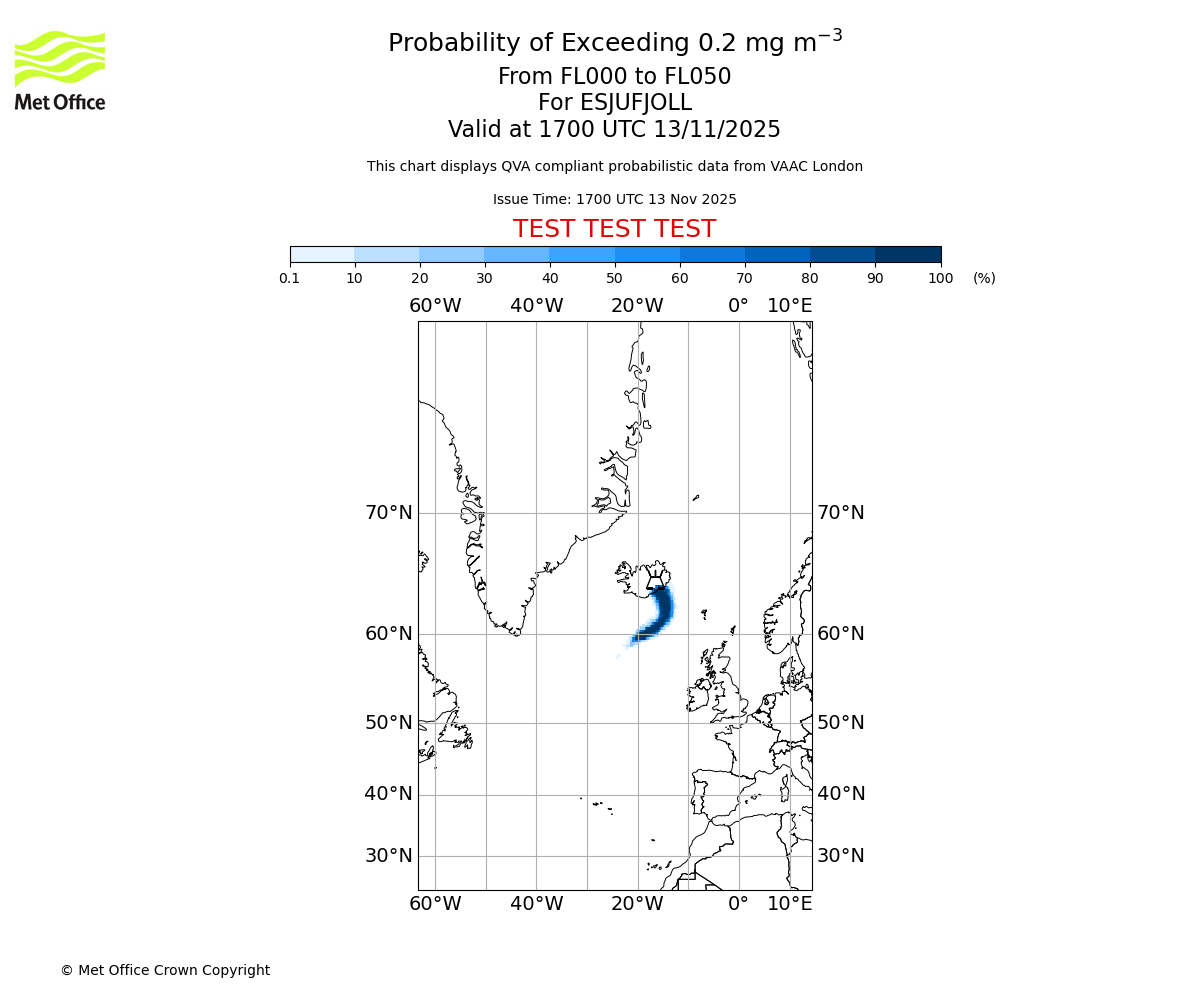 Probability of exceeding 0.2 milligrams per metre cubed. From 000 to 050 for ESJUFJOLL. Valid at 1700 UTC 13/11/2025