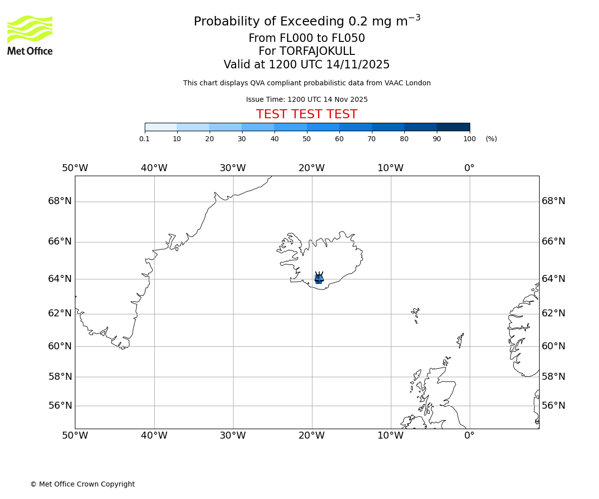 Probability of exceeding 0.2 milligrams per metre cubed. From 000 to 050 for TORFAJOKULL. Valid at 1200 UTC 14/11/2025