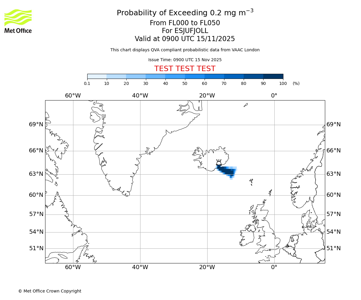 Probability of exceeding 0.2 milligrams per metre cubed. From 000 to 050 for ESJUFJOLL. Valid at 0900 UTC 15/11/2025