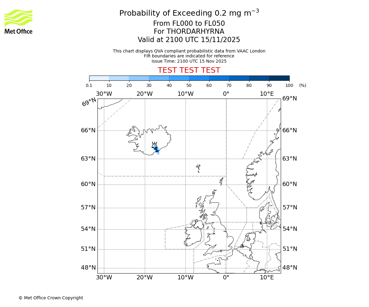 Probability of exceeding 0.2 milligrams per metre cubed. From 000 to 050 for THORDARHYRNA. Valid at 2100 UTC 15/11/2025