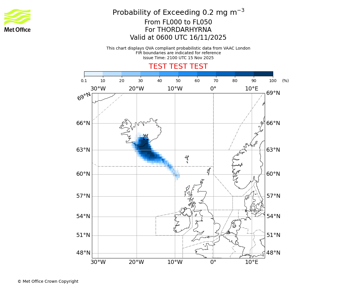 Probability of exceeding 0.2 milligrams per metre cubed. From 000 to 050 for THORDARHYRNA. Valid at 0600 UTC 16/11/2025