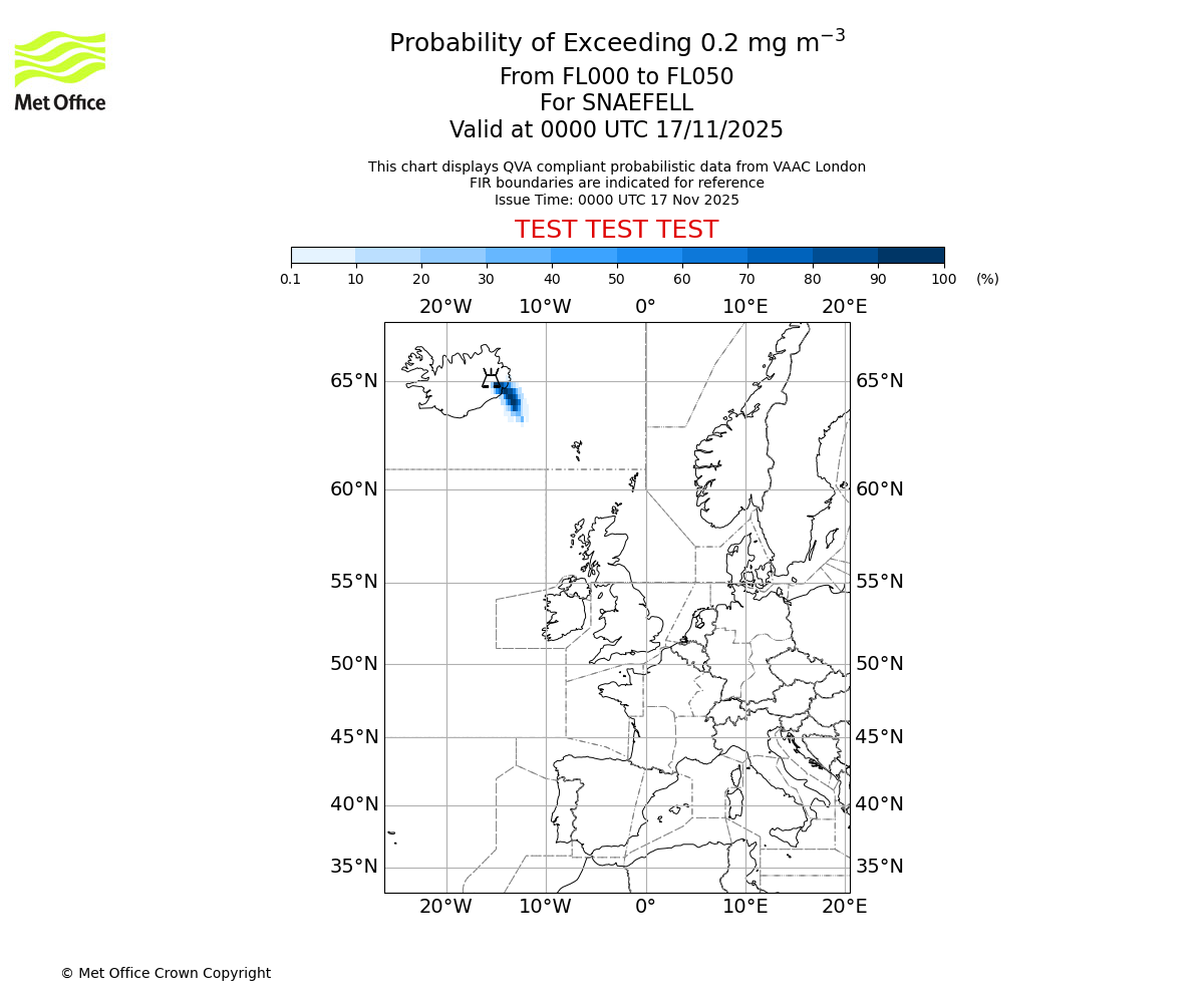 Probability of exceeding 0.2 milligrams per metre cubed. From 000 to 050 for SNAEFELL. Valid at 0000 UTC 17/11/2025