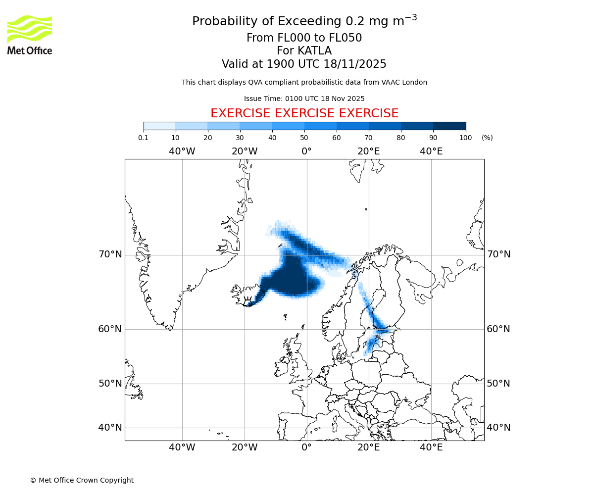 Probability of exceeding 0.2 milligrams per metre cubed. From 000 to 050 for KATLA. Valid at 1900 UTC 18/11/2025