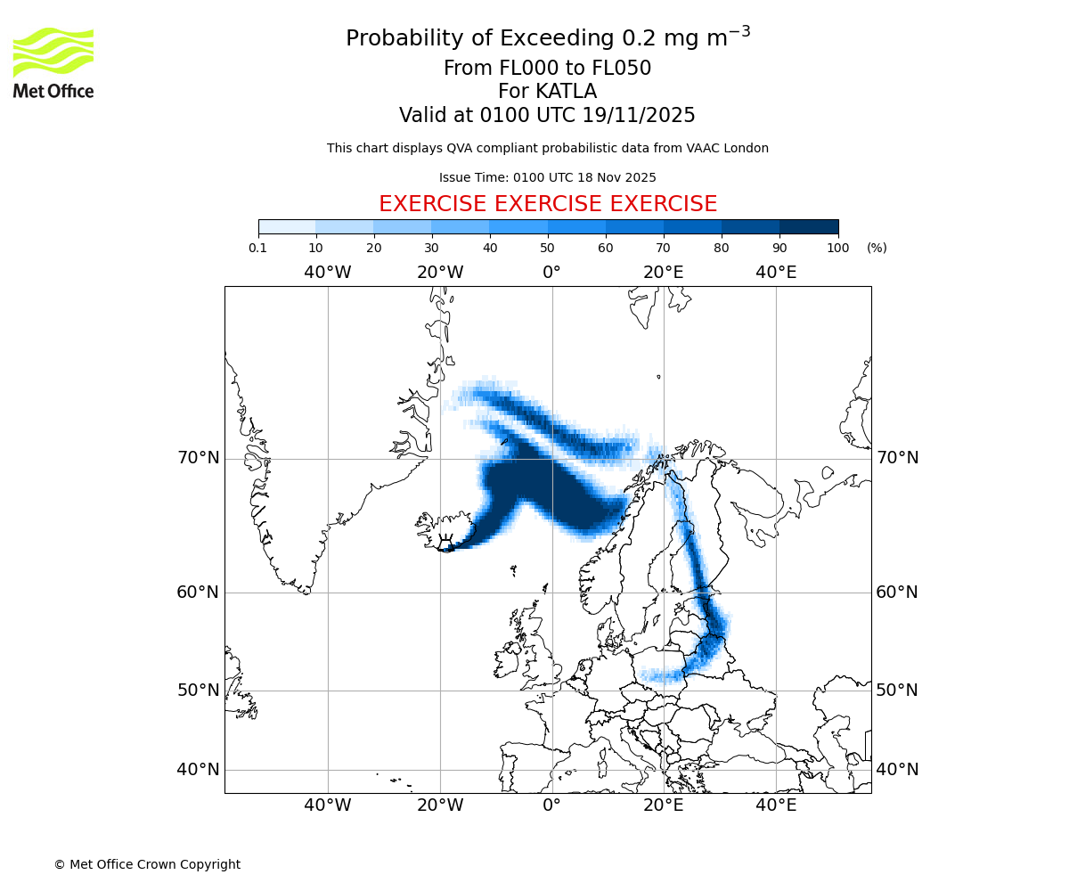 Probability of exceeding 0.2 milligrams per metre cubed. From 000 to 050 for KATLA. Valid at 0100 UTC 19/11/2025