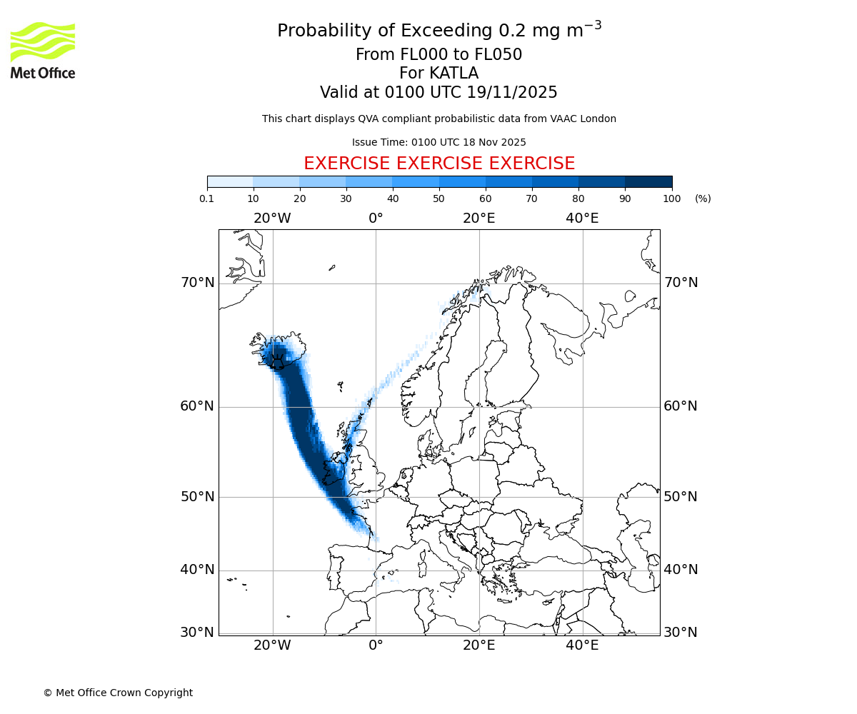Probability of exceeding 0.2 milligrams per metre cubed. From 000 to 050 for KATLA. Valid at 0100 UTC 19/11/2025