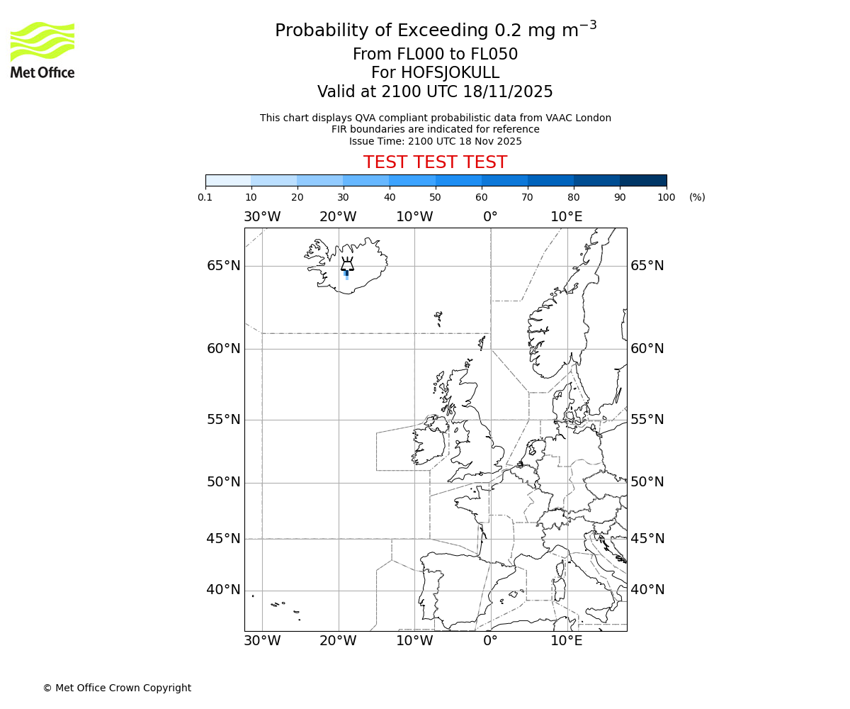 Probability of exceeding 0.2 milligrams per metre cubed. From 000 to 050 for HOFSJOKULL. Valid at 2100 UTC 18/11/2025