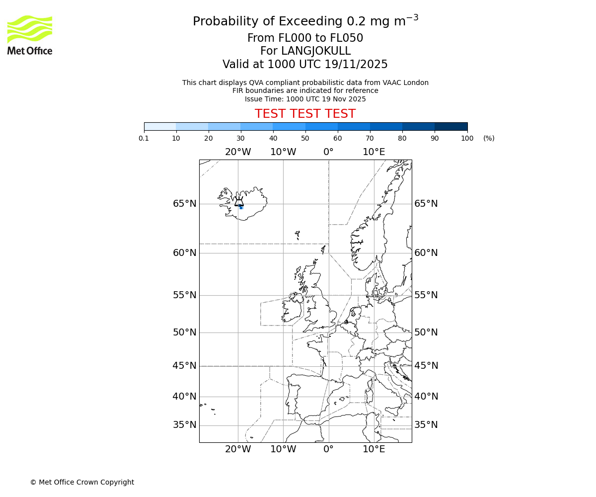 Probability of exceeding 0.2 milligrams per metre cubed. From 000 to 050 for LANGJOKULL. Valid at 1000 UTC 19/11/2025