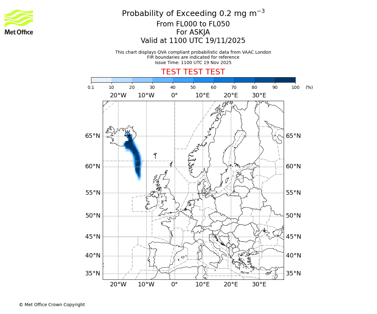 Probability of exceeding 0.2 milligrams per metre cubed. From 000 to 050 for ASKJA. Valid at 1100 UTC 19/11/2025