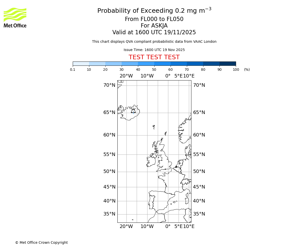 Probability of exceeding 0.2 milligrams per metre cubed. From 000 to 050 for ASKJA. Valid at 1600 UTC 19/11/2025