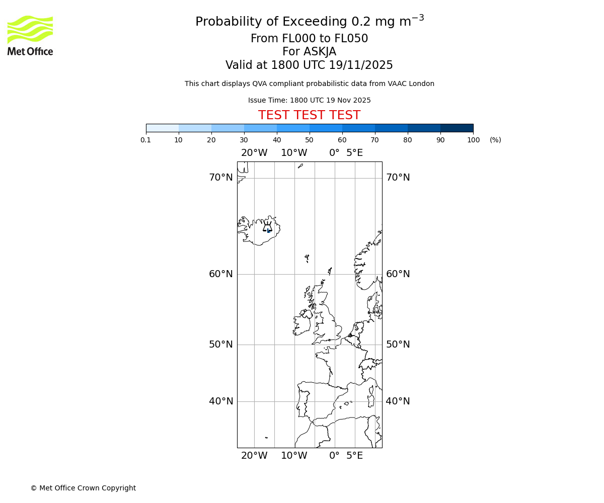 Probability of exceeding 0.2 milligrams per metre cubed. From 000 to 050 for ASKJA. Valid at 1800 UTC 19/11/2025