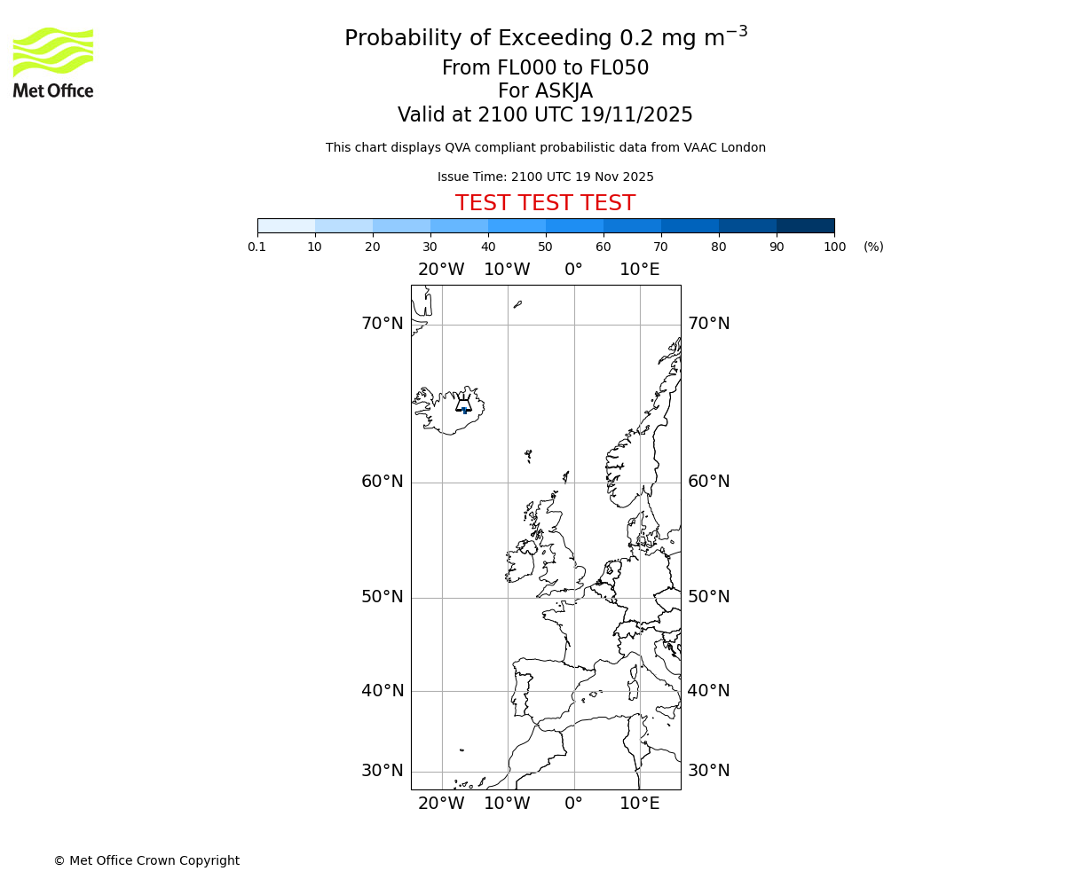 Probability of exceeding 0.2 milligrams per metre cubed. From 000 to 050 for ASKJA. Valid at 2100 UTC 19/11/2025