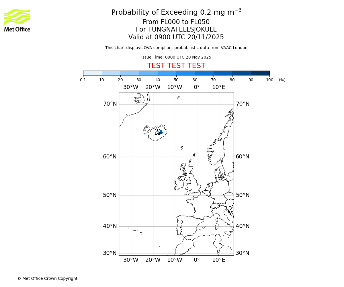 Probability of exceeding 0.2 milligrams per metre cubed. From 000 to 050 for TUNGNAFELLSJOKULL. Valid at 0900 UTC 20/11/2025