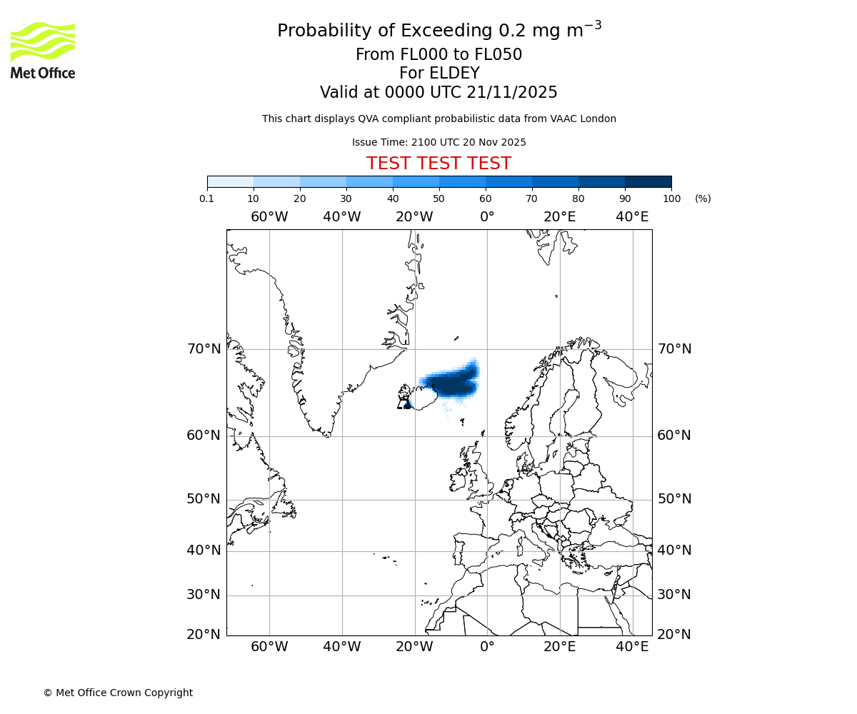 Probability of exceeding 0.2 milligrams per metre cubed. From 000 to 050 for ELDEY. Valid at 0000 UTC 21/11/2025