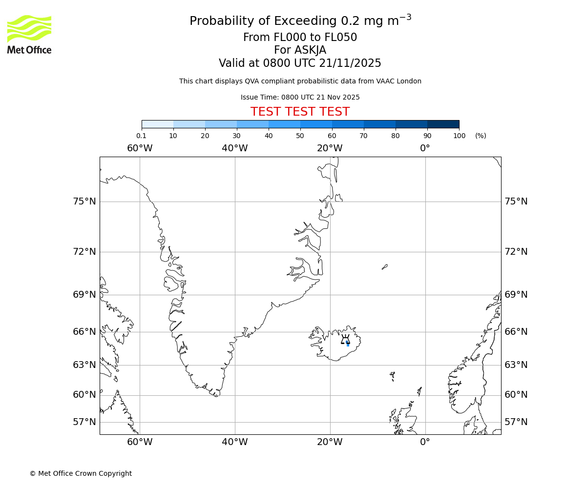 Probability of exceeding 0.2 milligrams per metre cubed. From 000 to 050 for ASKJA. Valid at 0800 UTC 21/11/2025