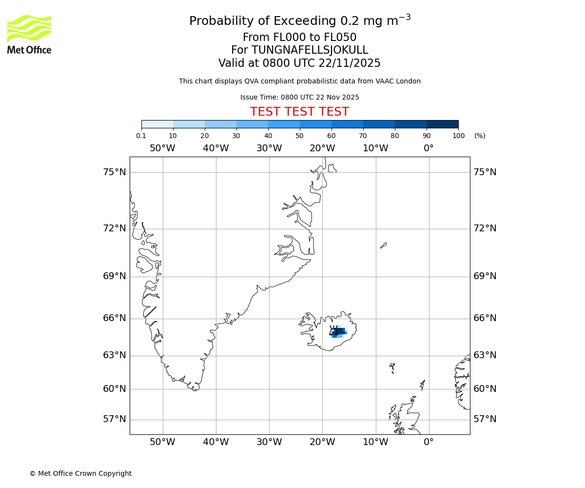 Probability of exceeding 0.2 milligrams per metre cubed. From 000 to 050 for TUNGNAFELLSJOKULL. Valid at 0800 UTC 22/11/2025