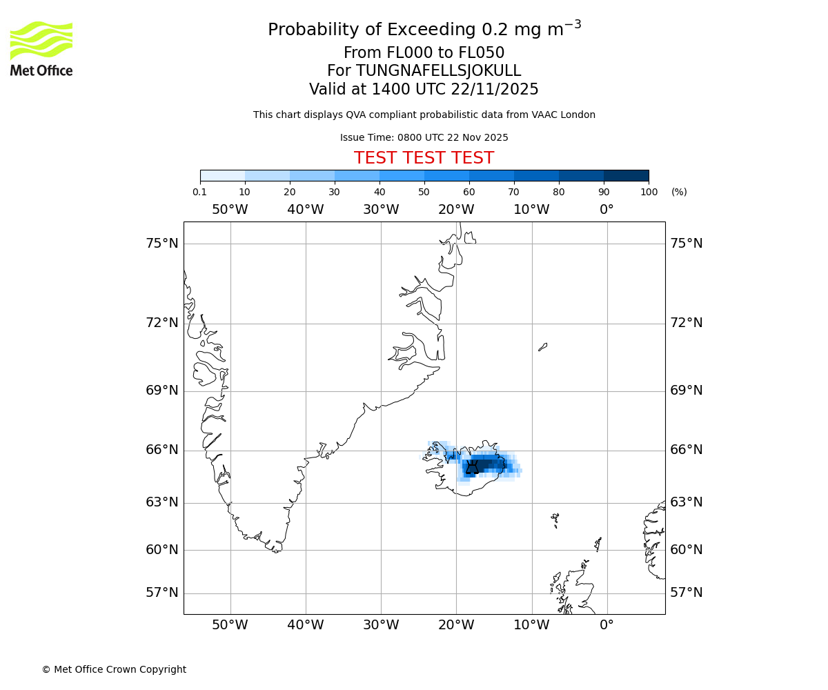 Probability of exceeding 0.2 milligrams per metre cubed. From 000 to 050 for TUNGNAFELLSJOKULL. Valid at 1400 UTC 22/11/2025