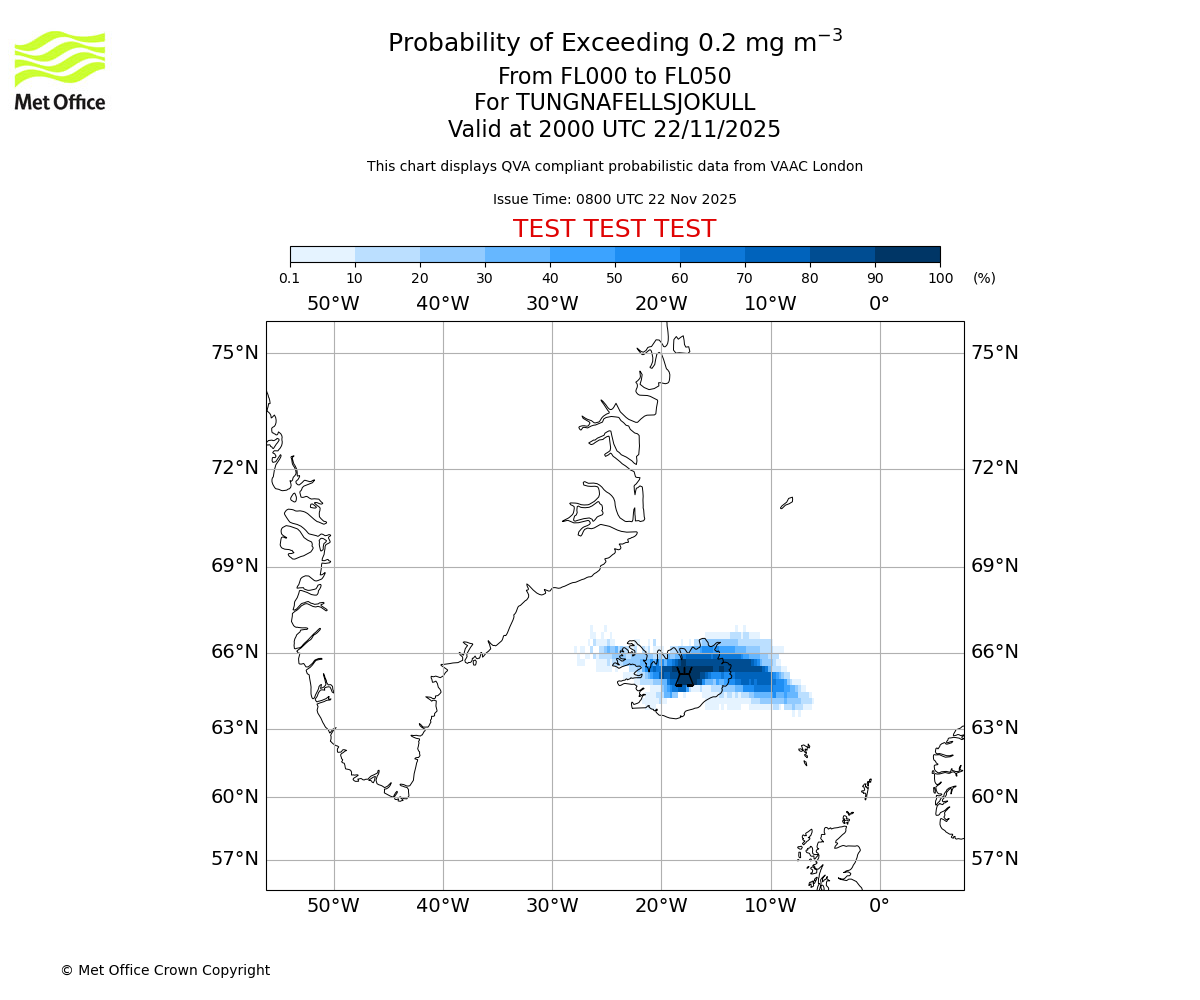Probability of exceeding 0.2 milligrams per metre cubed. From 000 to 050 for TUNGNAFELLSJOKULL. Valid at 2000 UTC 22/11/2025