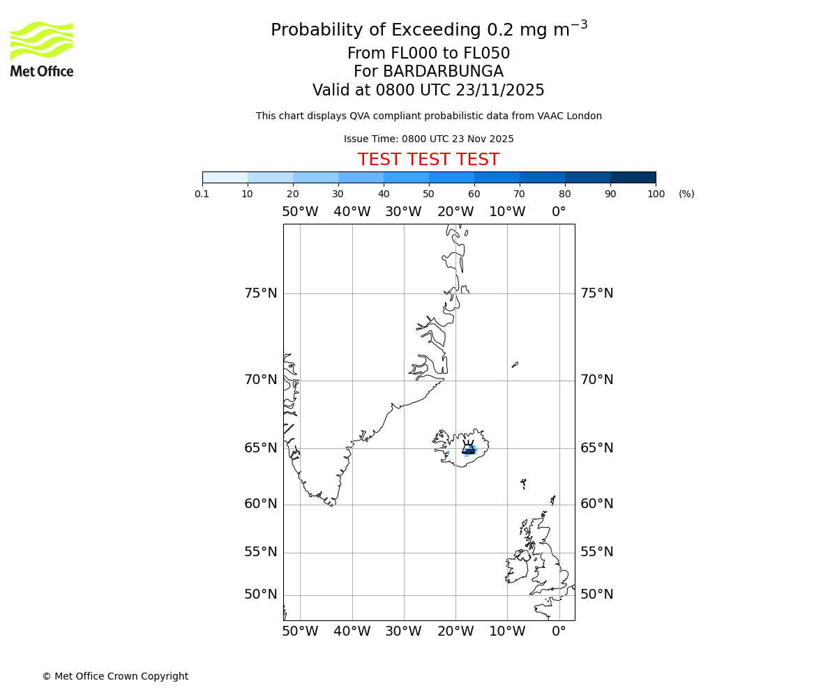 Probability of exceeding 0.2 milligrams per metre cubed. From 000 to 050 for BARDARBUNGA. Valid at 0800 UTC 23/11/2025
