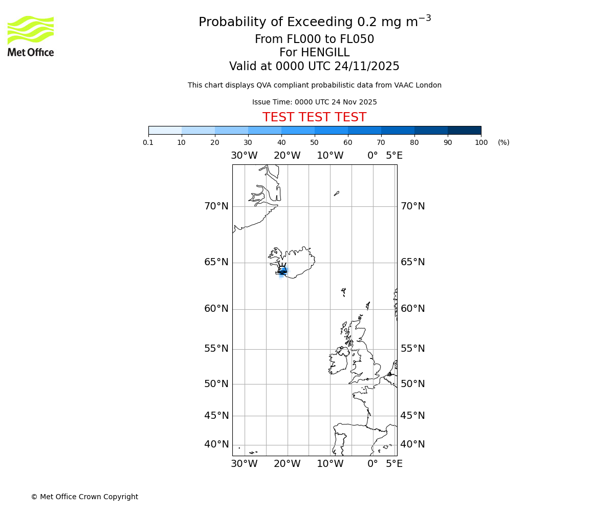 Probability of exceeding 0.2 milligrams per metre cubed. From 000 to 050 for HENGILL. Valid at 0000 UTC 24/11/2025