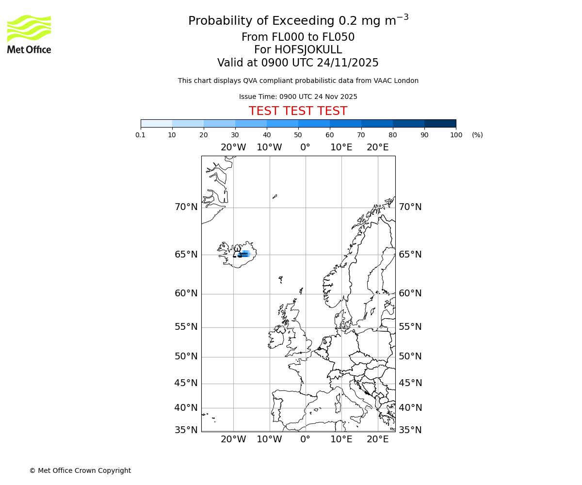 Probability of exceeding 0.2 milligrams per metre cubed. From 000 to 050 for HOFSJOKULL. Valid at 0900 UTC 24/11/2025
