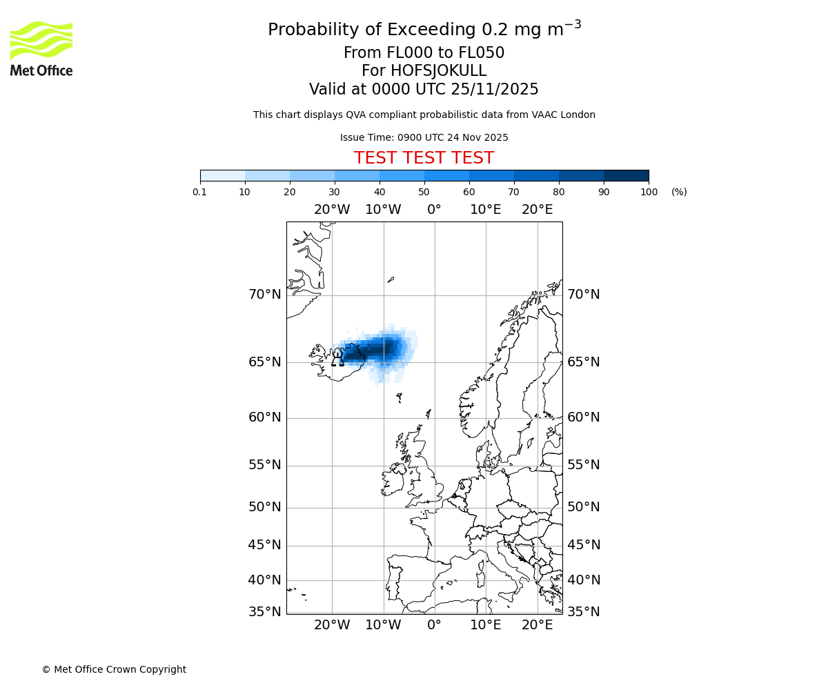 Probability of exceeding 0.2 milligrams per metre cubed. From 000 to 050 for HOFSJOKULL. Valid at 0000 UTC 25/11/2025