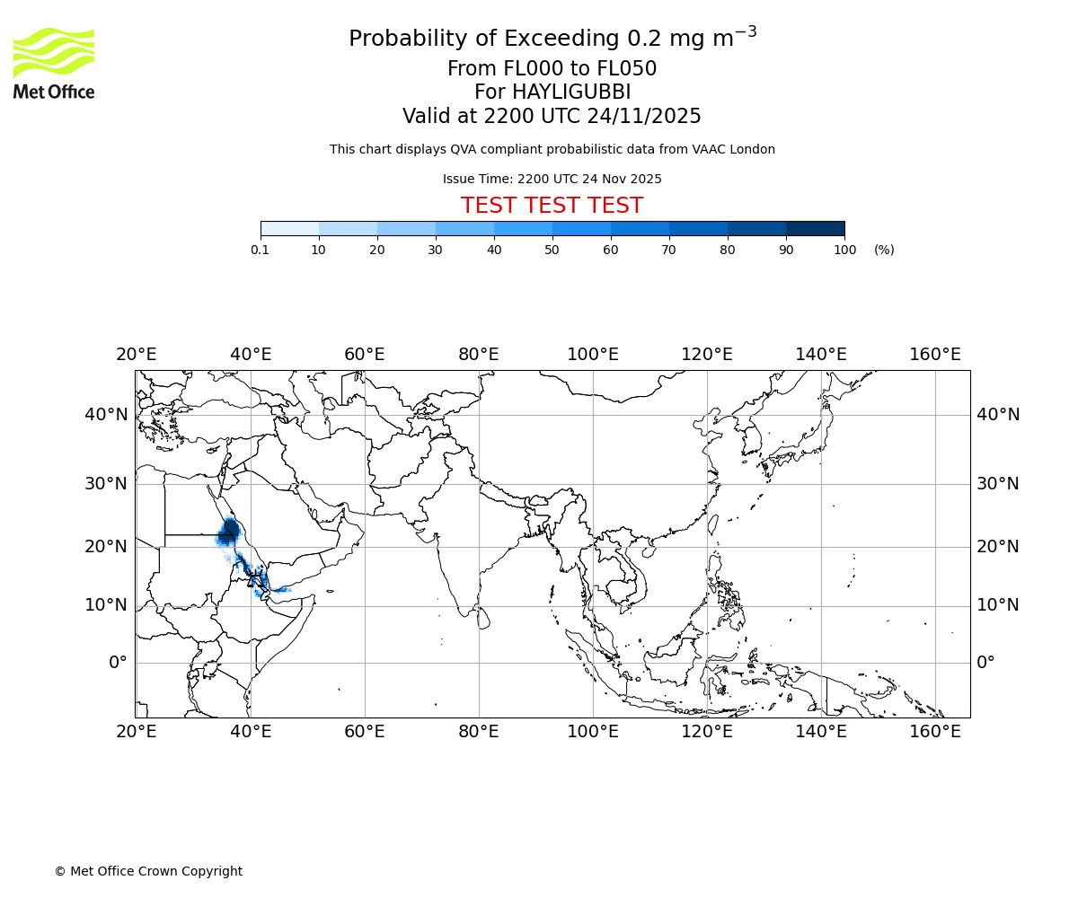 Probability of exceeding 0.2 milligrams per metre cubed. From 000 to 050 for HAYLIGUBBI. Valid at 2200 UTC 24/11/2025