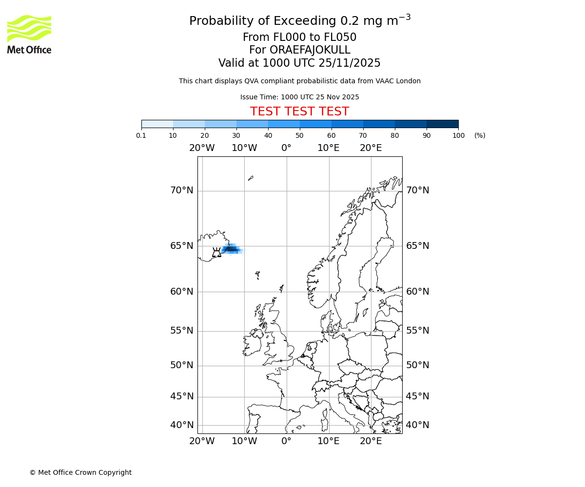 Probability of exceeding 0.2 milligrams per metre cubed. From 000 to 050 for ORAEFAJOKULL. Valid at 1000 UTC 25/11/2025