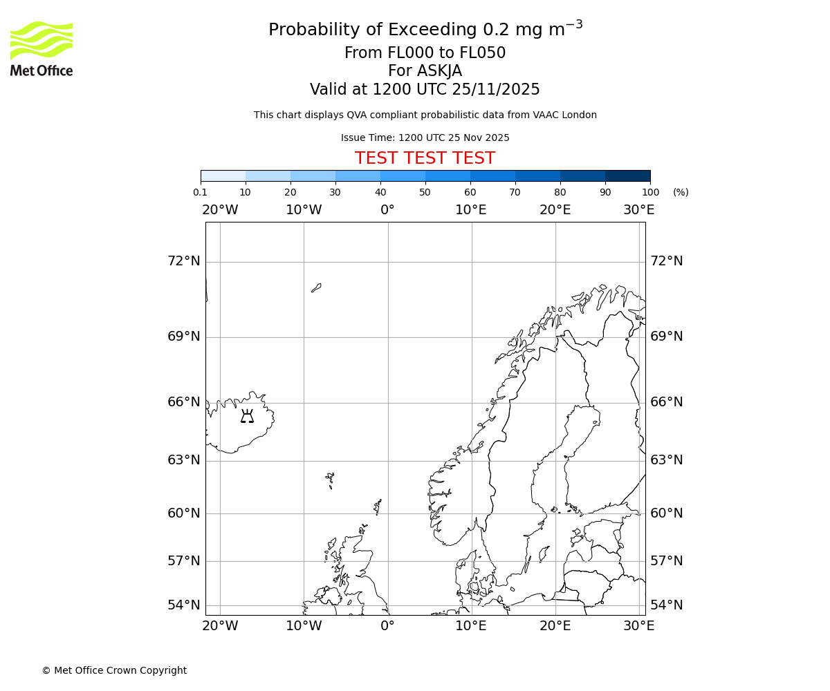 Probability of exceeding 0.2 milligrams per metre cubed. From 000 to 050 for ASKJA. Valid at 1200 UTC 25/11/2025