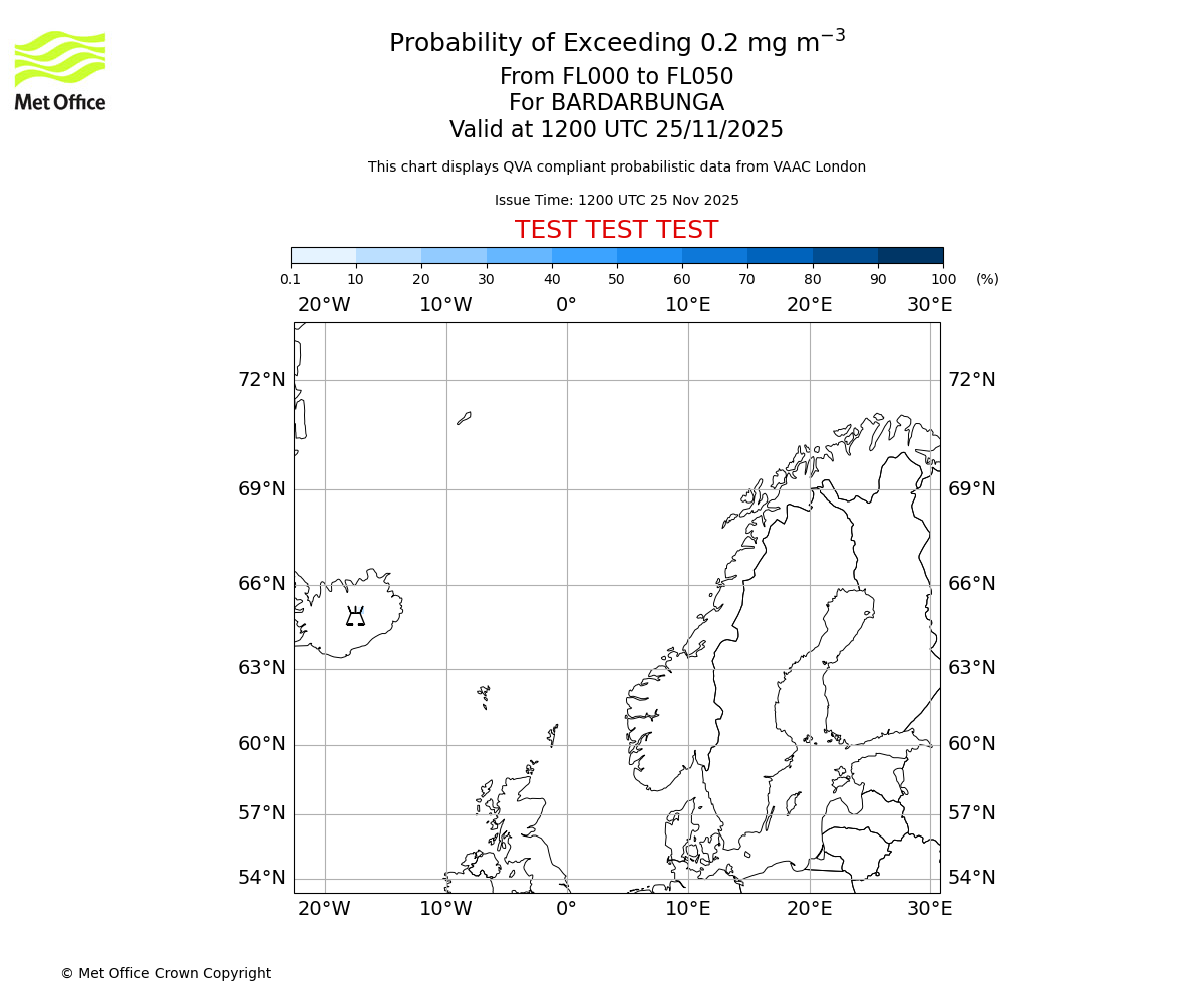 Probability of exceeding 0.2 milligrams per metre cubed. From 000 to 050 for BARDARBUNGA. Valid at 1200 UTC 25/11/2025