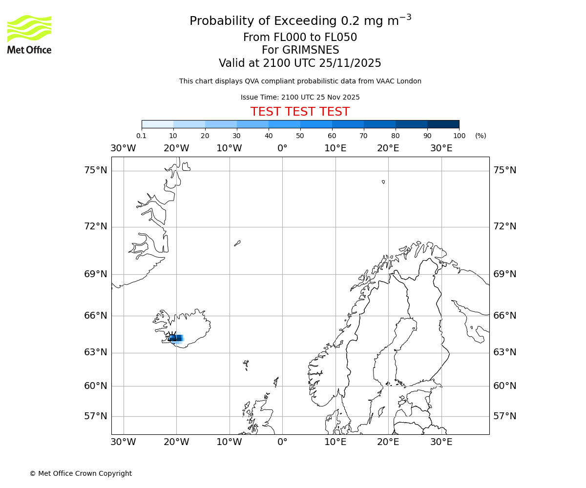 Probability of exceeding 0.2 milligrams per metre cubed. From 000 to 050 for GRIMSNES. Valid at 2100 UTC 25/11/2025