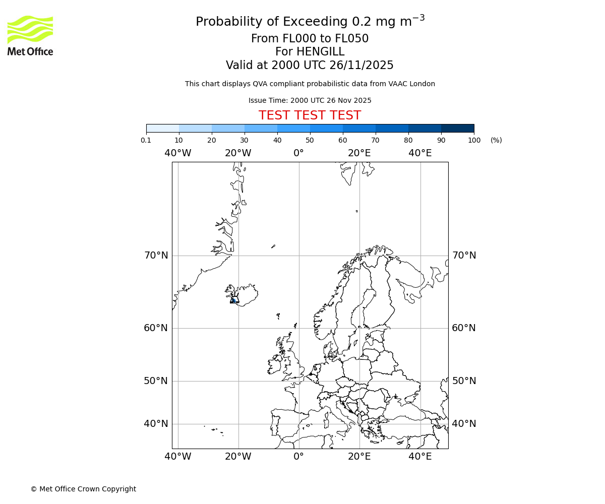 Probability of exceeding 0.2 milligrams per metre cubed. From 000 to 050 for HENGILL. Valid at 2000 UTC 26/11/2025