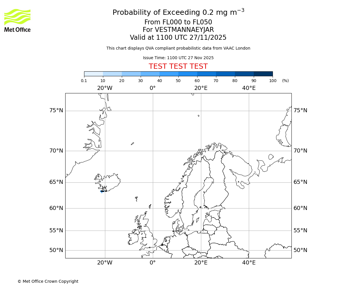 Probability of exceeding 0.2 milligrams per metre cubed. From 000 to 050 for VESTMANNAEYJAR. Valid at 1100 UTC 27/11/2025