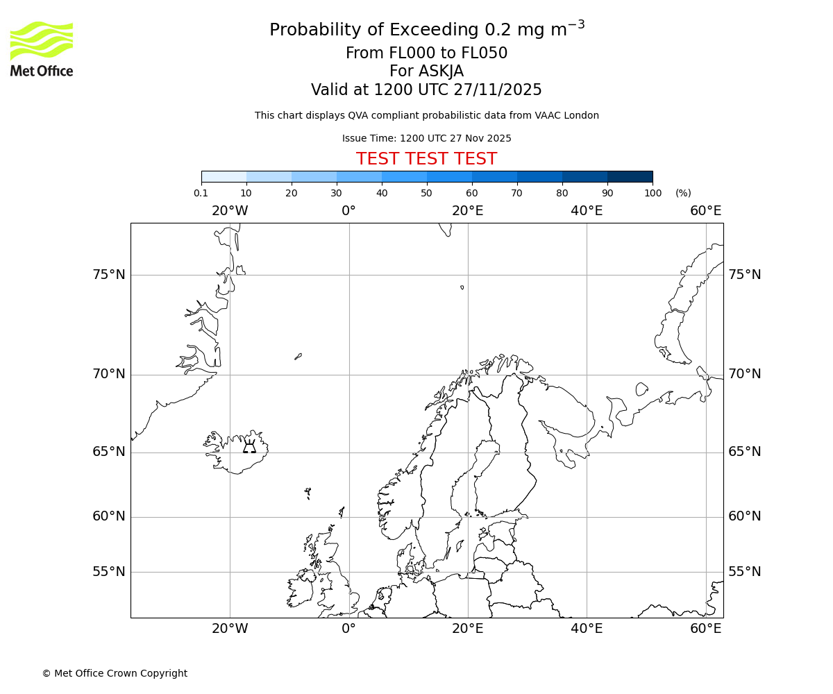 Probability of exceeding 0.2 milligrams per metre cubed. From 000 to 050 for ASKJA. Valid at 1200 UTC 27/11/2025