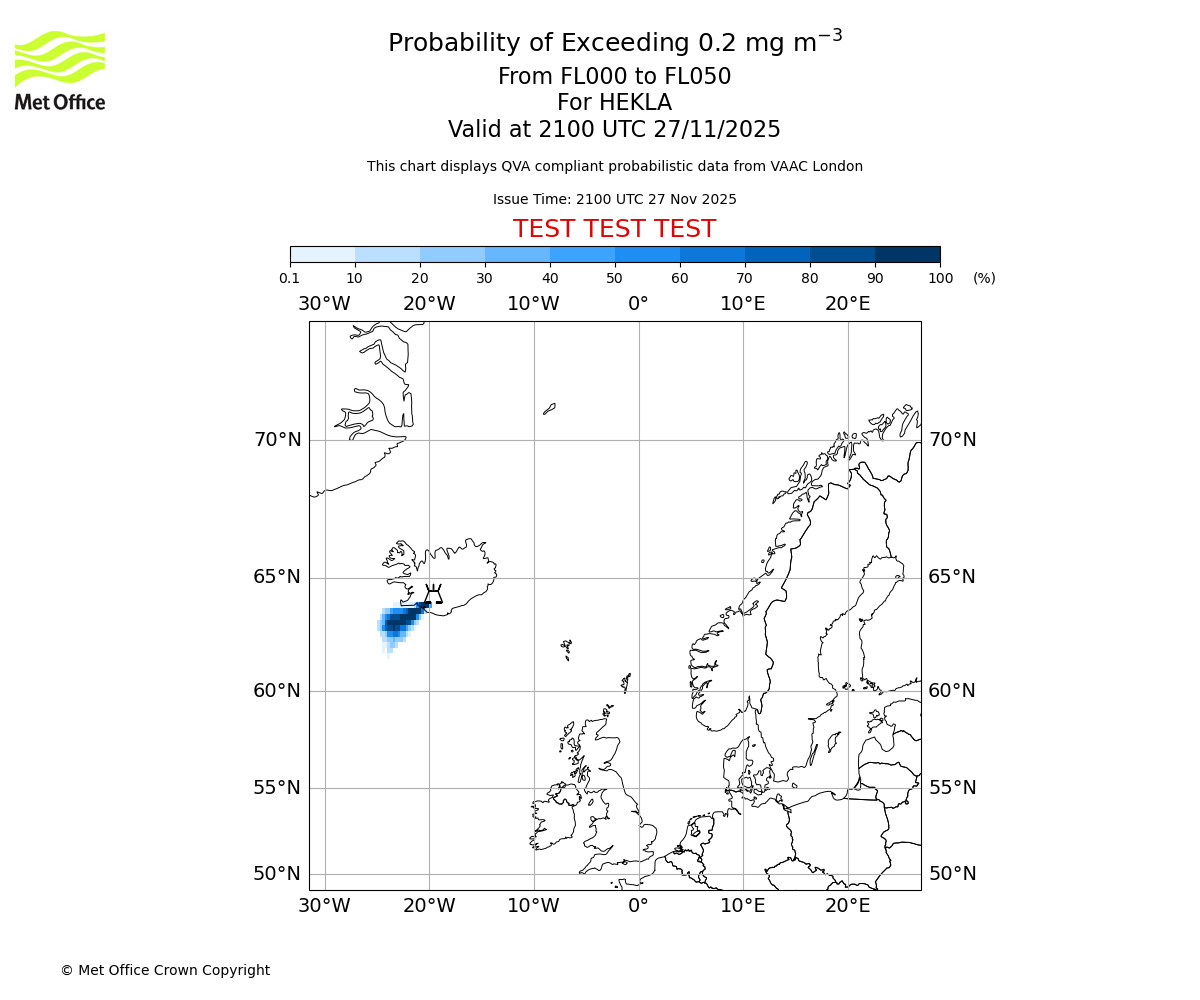 Probability of exceeding 0.2 milligrams per metre cubed. From 000 to 050 for HEKLA. Valid at 2100 UTC 27/11/2025